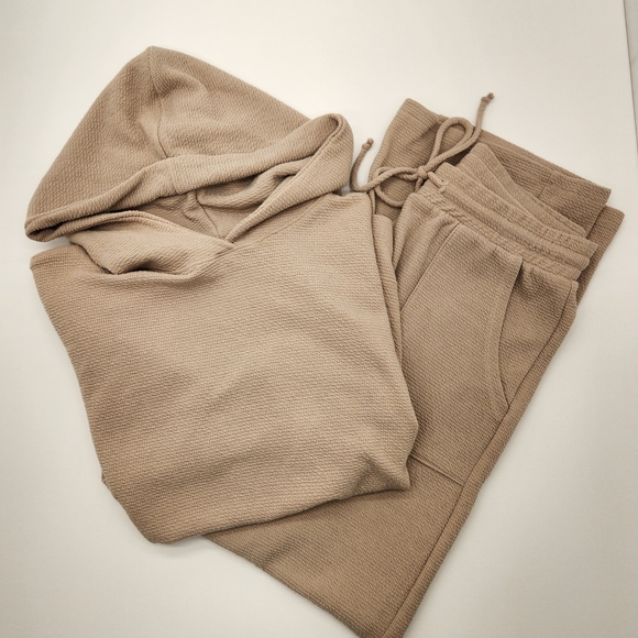Tres Bien Tops - Tres Bien Waffle Knit Lounge Set Hoodie & Wide Leg Lounge Pants Tan Size Medium